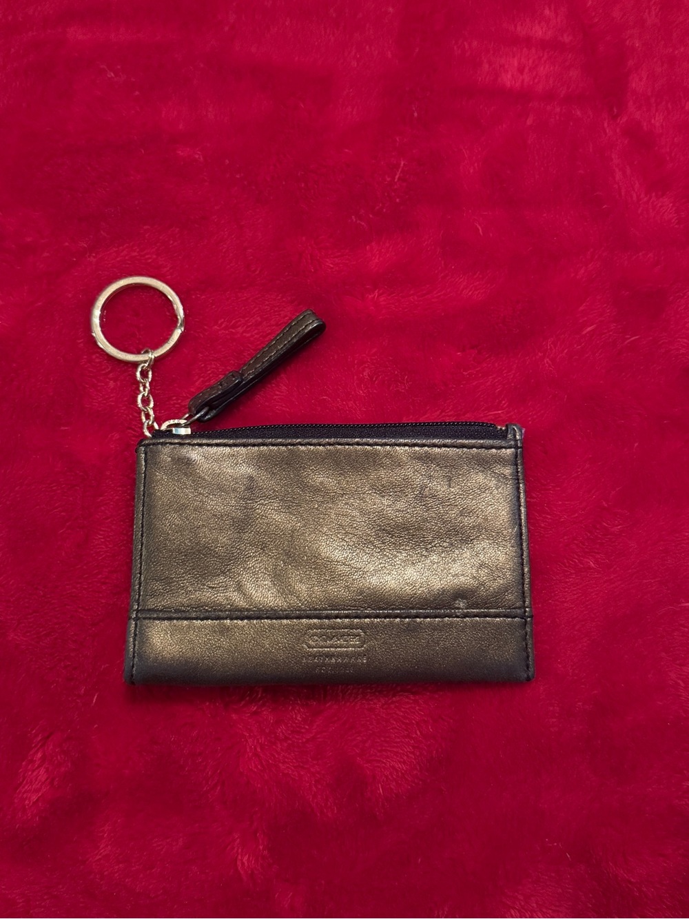 Coach Metallic Pewter Leather Key Ring Zip Coin Case Card Holder Pouch